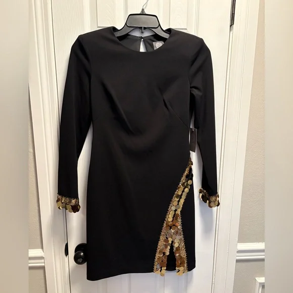 NWT - Vince Camuto Black Long Sleeve Crepe with Paillette Sequin Trim - Picture 6 of 10